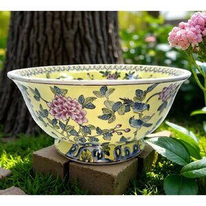 Large Andrea by Sadek Chinese Famille Rose yellow porcelain bowl hand painted